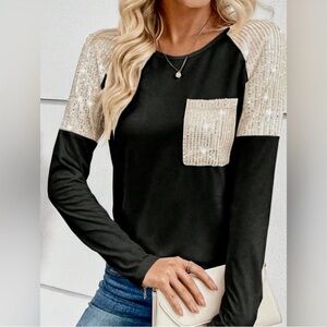 New Sequin Shoulder Black Top